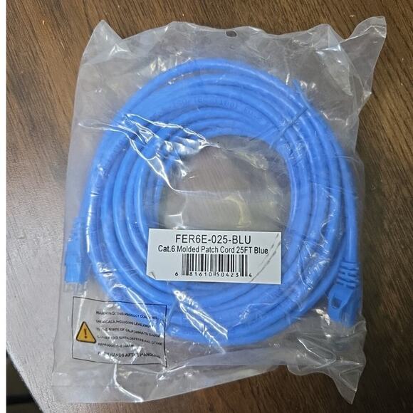 Ethernet Cable FER6E-025-BLU Cat. 6 Molded Patch Cord 25ft Blue 25-Foot CAT-6 55 - Picture 1 of 12